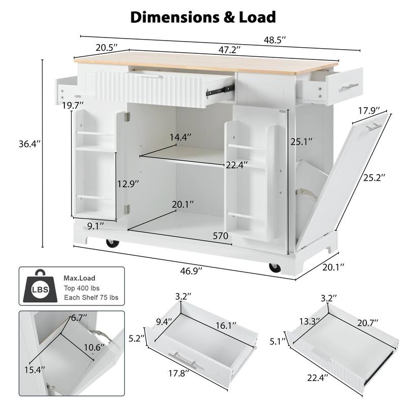 Rolling 48.5" Kitchen Island with Trash Can Storage, Built-in Power Outlet, 3 Drawers, 5 Wheels and Adjustable Shelves