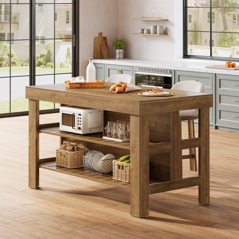 55.1-Inch Kitchen Island with Seating and Storage Shelves
