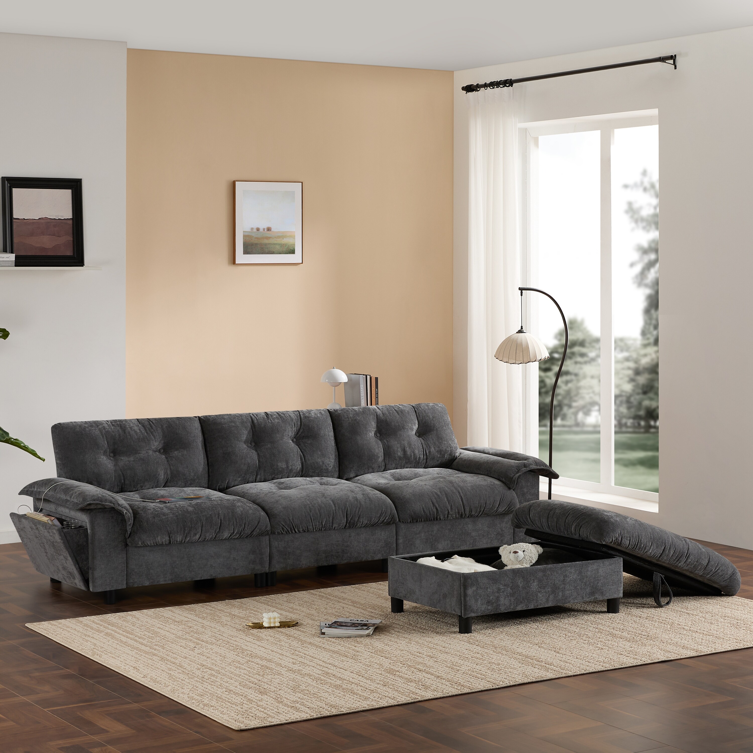 Chenille Tufted L-Shape Sectional Sofa with Storage Ottoman, Pockets and All-in-one Armrest with Dual-Port Charging, Cup Holder
