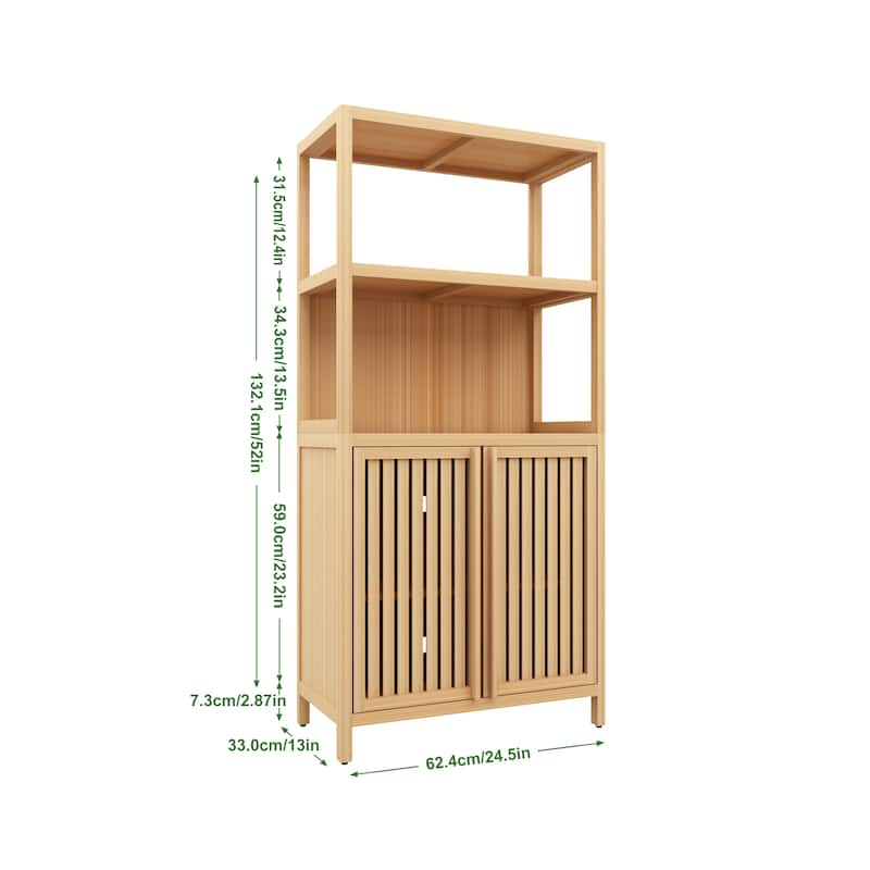 Bamboo Bathroom Storage Cabinet, Freestanding Floor Cabinet, Bathroom Cabinet with Slatted Doors, Adjustable Shelf & Open Shelf