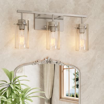 3-Light Brushed Nickel Bathroom Vanity Light with Clear Glass Shade