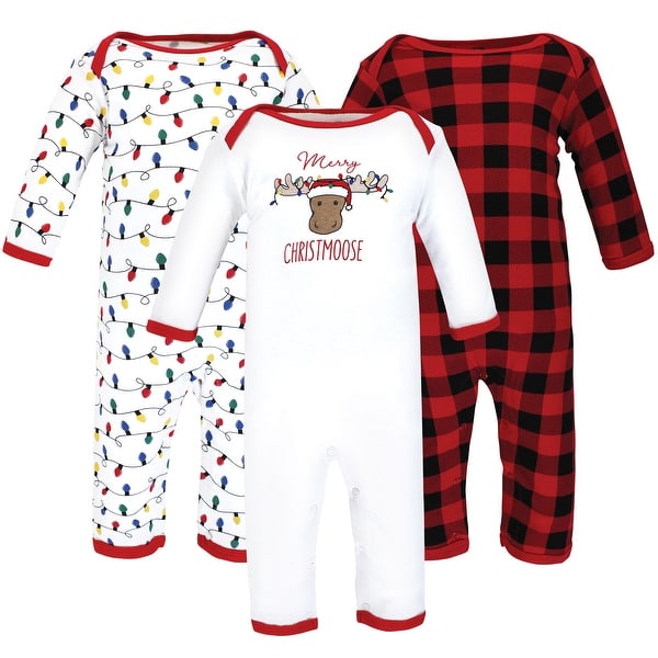 slide 1 of 1, Hudson Baby Infant Boy Cotton Coveralls, Christmoose 0 - 3 Months - White/Red