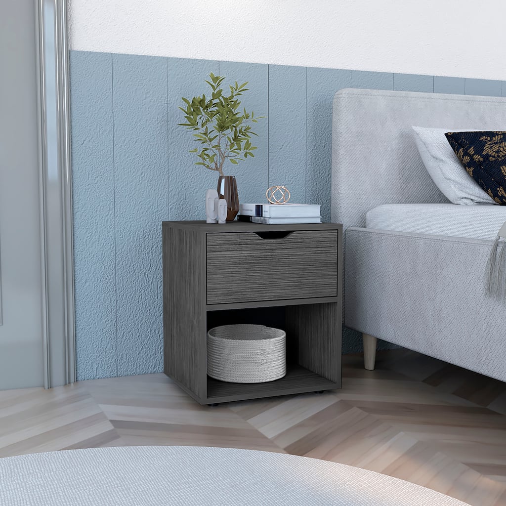 Compact Light Gray Nightstand with Drawer and Open Shelf