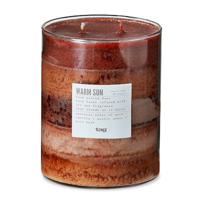 Warm Sun Themed Scented Paraffin Wax Pillar Candle Wide, Brown, 4x5 inch, Burn Time 75 Hours