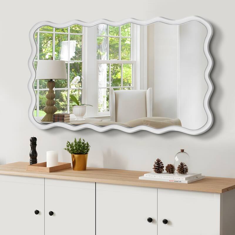 Mia Solid Wood Wavy Rectangle Wall Mirror with HD Reflection and Artistic Frame Design by GDFStudio - 40" x 28" - White