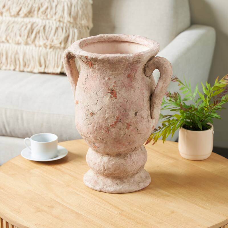 Cream or Pink Ceramic Antique Style Distressed Decorative Vase with Handles