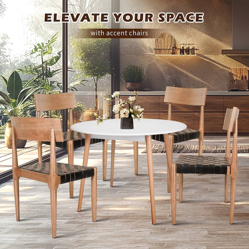 Genuine Leather Woven Straps Solid Back Side Chair (Set of 2)