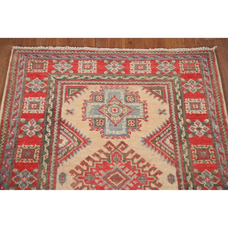 Geometric Kazak Accent Rug Handmade Oriental Beige Wool Carpet - 2'9"x 4'0"