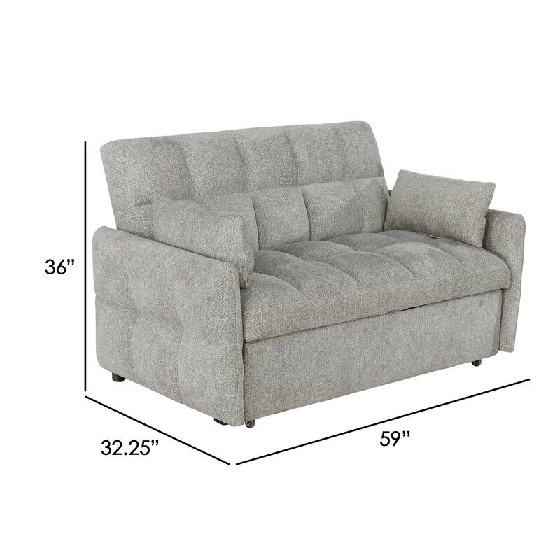 Glen 59 Inch Sleeper Sofa Bed Futon, Grid Tufting, Smooth Beige Fabric