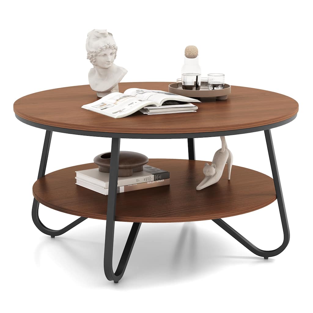 Costway 2-Tier Round Coffee Table with Wood Grain Finish & Heavy-duty - See Details