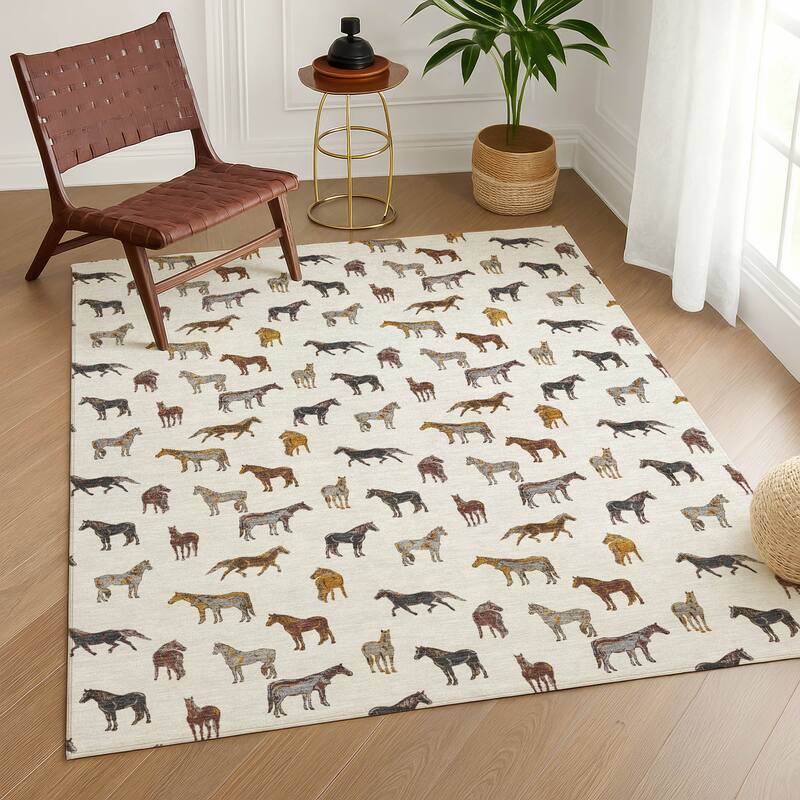 Machine Washable Indoor/ Outdoor Horses Chantille Rug