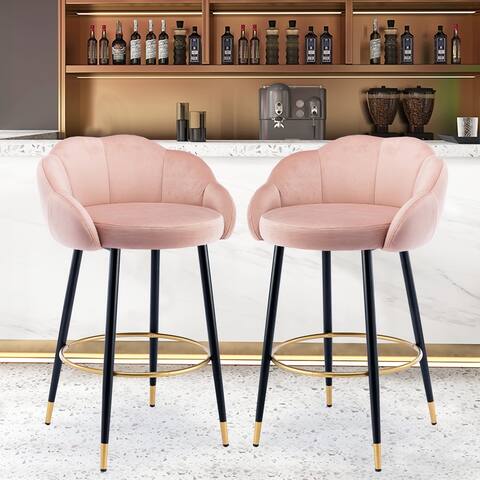 37.4"H Velvet Fabric Upholstered 2PC Bar Stool, Bar Chair with Black Gold Metal Base and Vertical Tufted Back for Dining Room