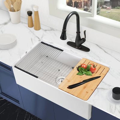 33" W X 20" D Fireclay Reversible Single Bowl Kitchen Farmhouse Sink with Accessories - 33" W X 20" D