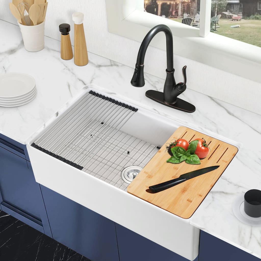 33" W X 20" D Fireclay Reversible Single Bowl Kitchen Farmhouse Sink with Accessories - 33" W X 20" D