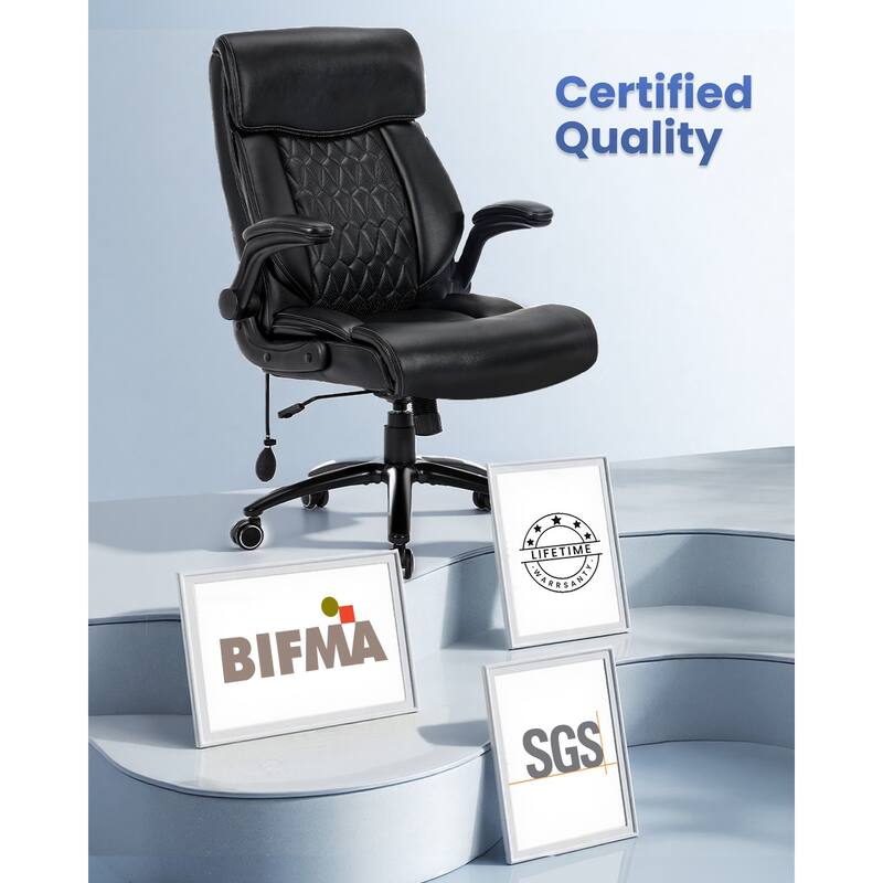 Big and Tall Ergonomic Office Chair with Flip-Up Arms, Adjustable Lumbar Support and 360° Swivel in Faux Leather