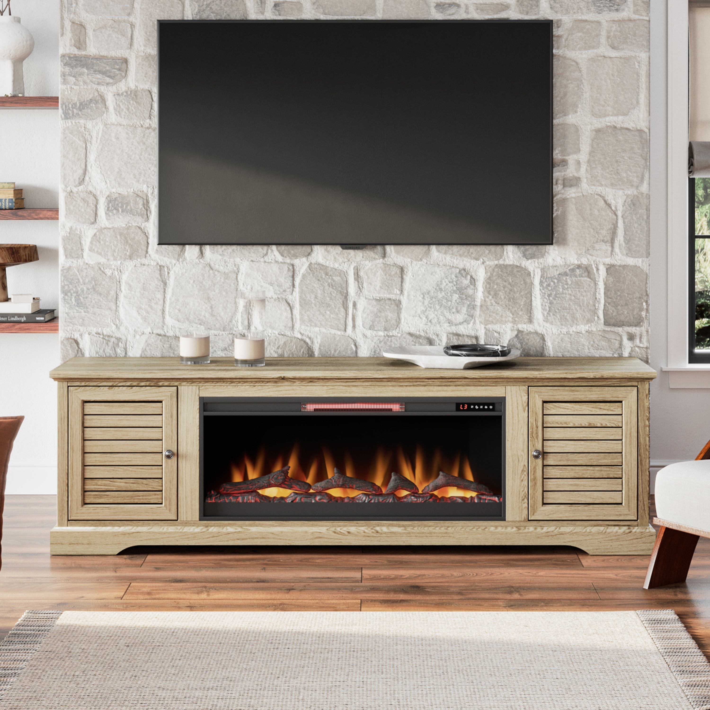 Beige tv deals stand with fireplace