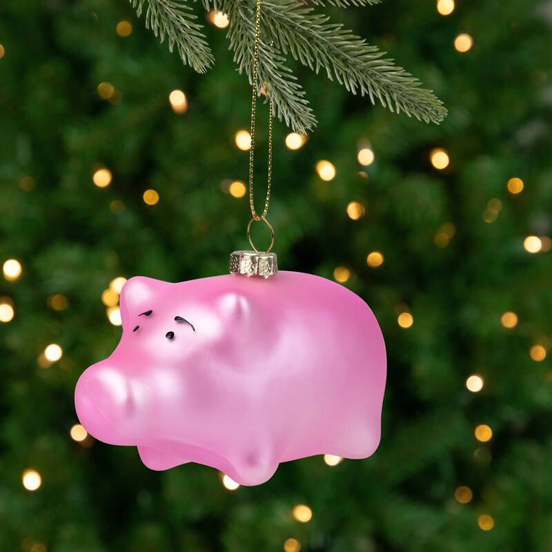 Pink Pig Glass Christmas Ornament - 4"