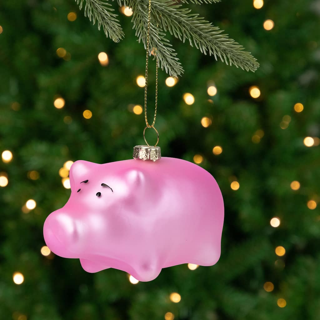 Pink Pig Glass Christmas Ornament - 4"
