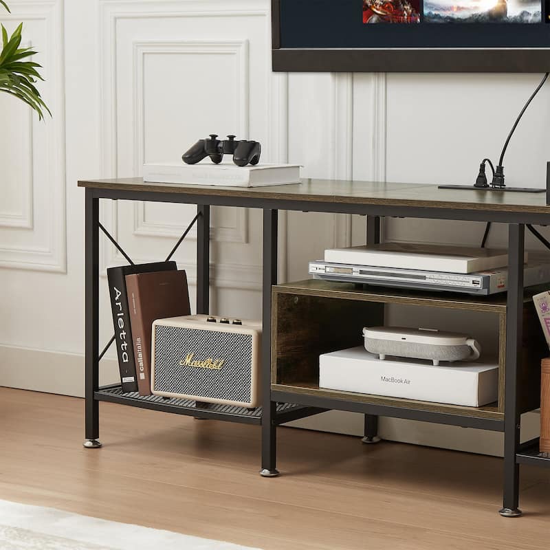 VECELO Wood TV Stand with Charging Station,Storage Shelves Entertainment Center TV Cabinet
