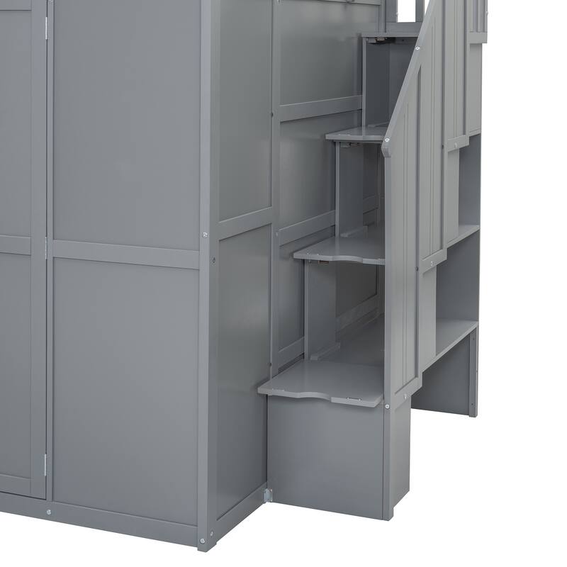 Full Size Bunk Bed with Wardrobe, Desk, and Shelves for Kids