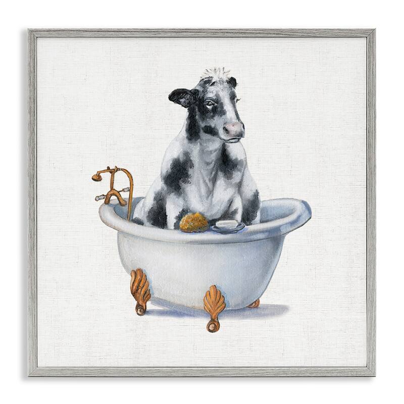 Stupell Dairy Cow in Bathtub Country Farm Animal Framed Wall Art - Black - 24 x 24 - Grey