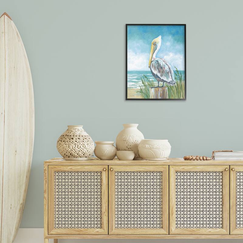 Stupell Pelican Perched near Shore Framed Giclee Art Design By Diane Kater