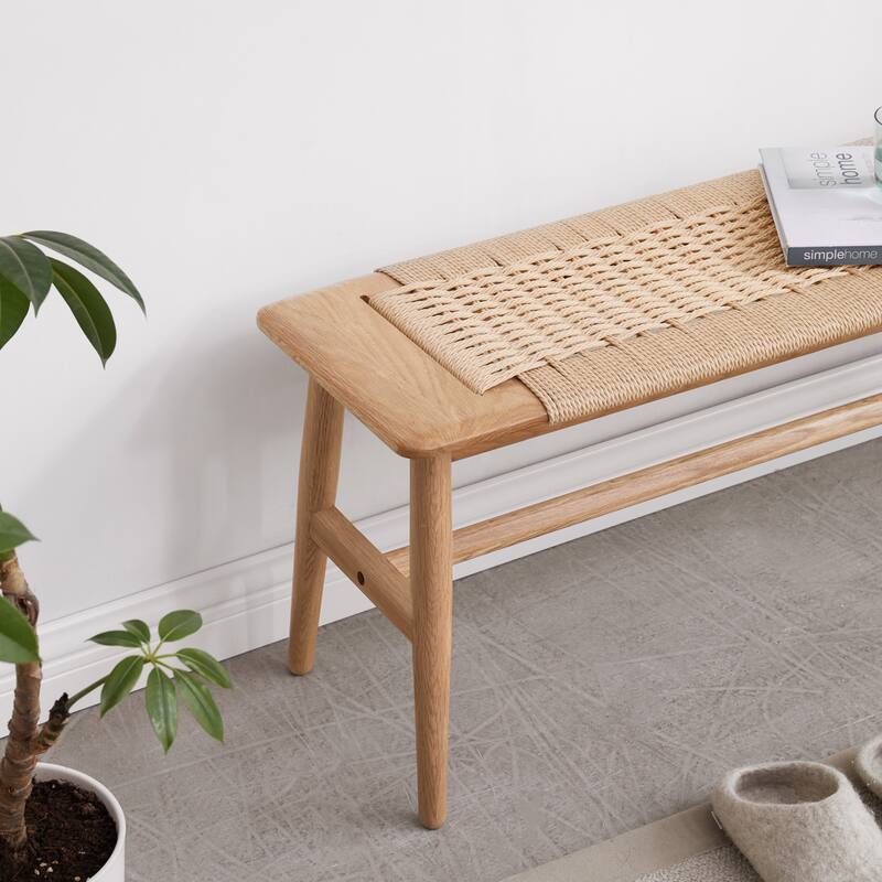 Oak Bedroom End of Bed Bench Leisure Stool with Rattan Decor, Simple Wooden Corridor Stool Dining Bench for Living Room