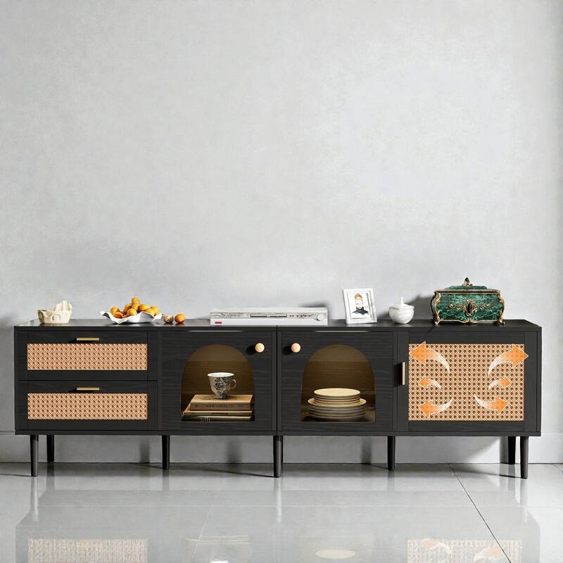 Rattan TV Stand with LED Lights, 3 Cabinets & 2 Drawers, Media Console for TVs up to 80'', Modern Entertainment Center