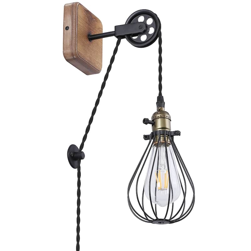 Industrial Farmhouse Plug in Wall Sconce with Wire Shade, Metal Wall Lamp Cage with Pulley Lift Rustic Wood LED Wall Lamp - 4.72*4.72*6.3