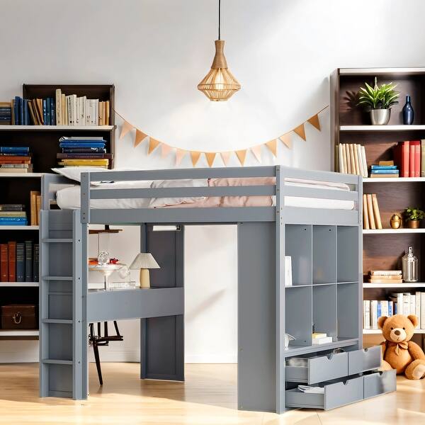 slide 2 of 31, Eye-Catching Design Full Size Loft Bed with Large Shelves, Writing Desk and Led Light Grey