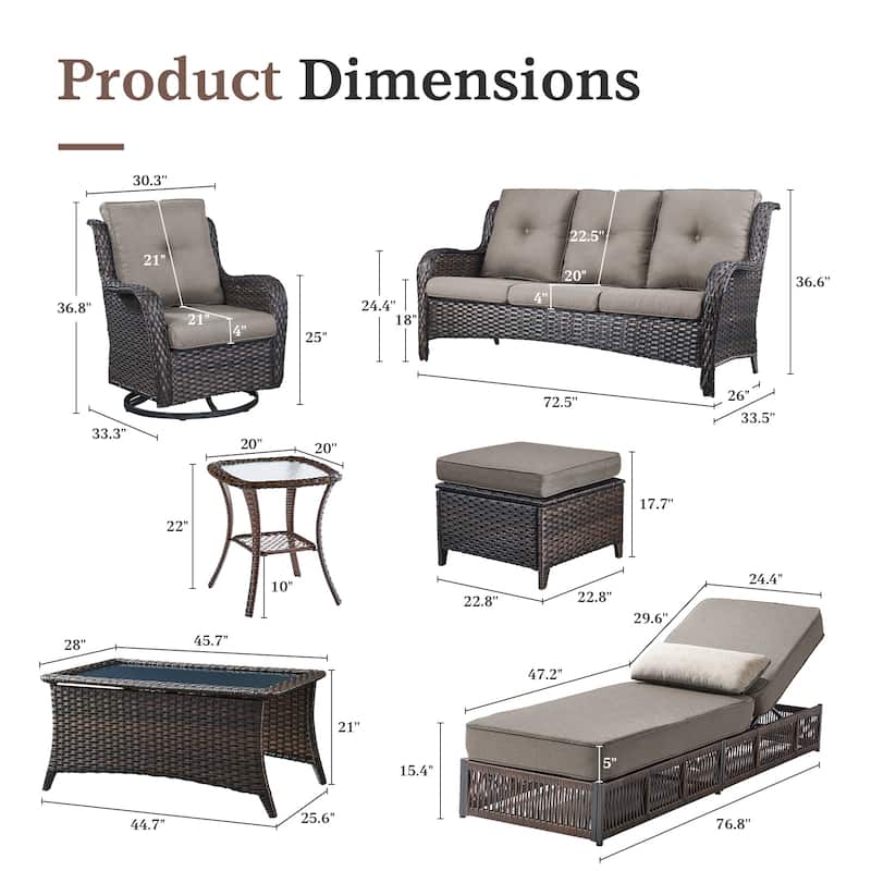 Gymojoy Luxury Outdoor Wicker Patio Furniture with 3 Seat Sofa, Chaise Lounge Chair，Swivel Chair, Rattan Coversation Set