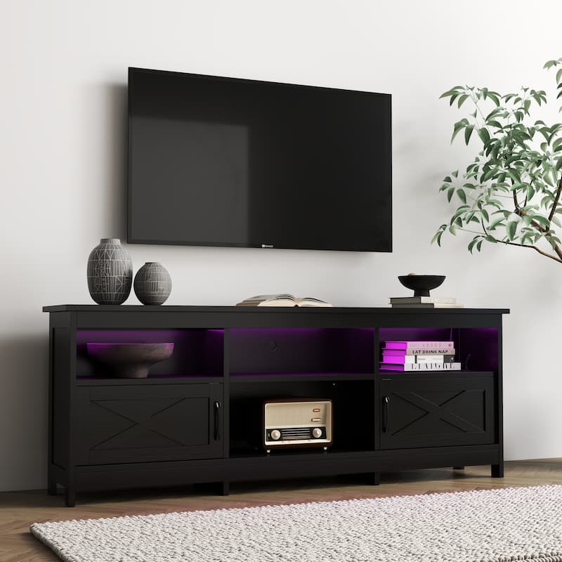 Moasis 70"/59" Farmhouse TV Stand for 80"/65" TV with Outlet and Lights - 70"W Door - Black