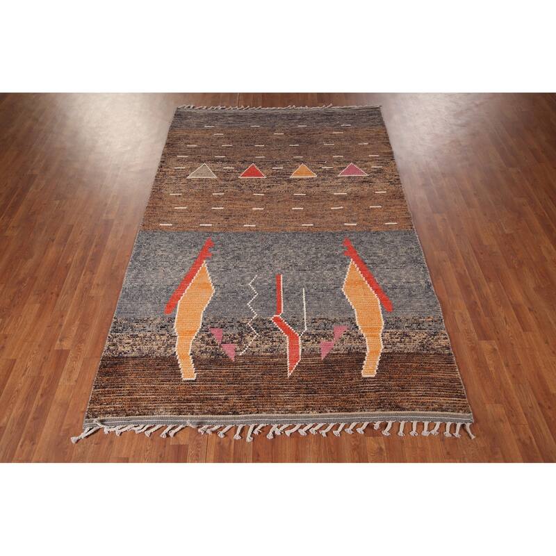 Brown Striped Moroccan Area Rug Hand-Knotted Wool Carpet - 5'10"x 9'3"