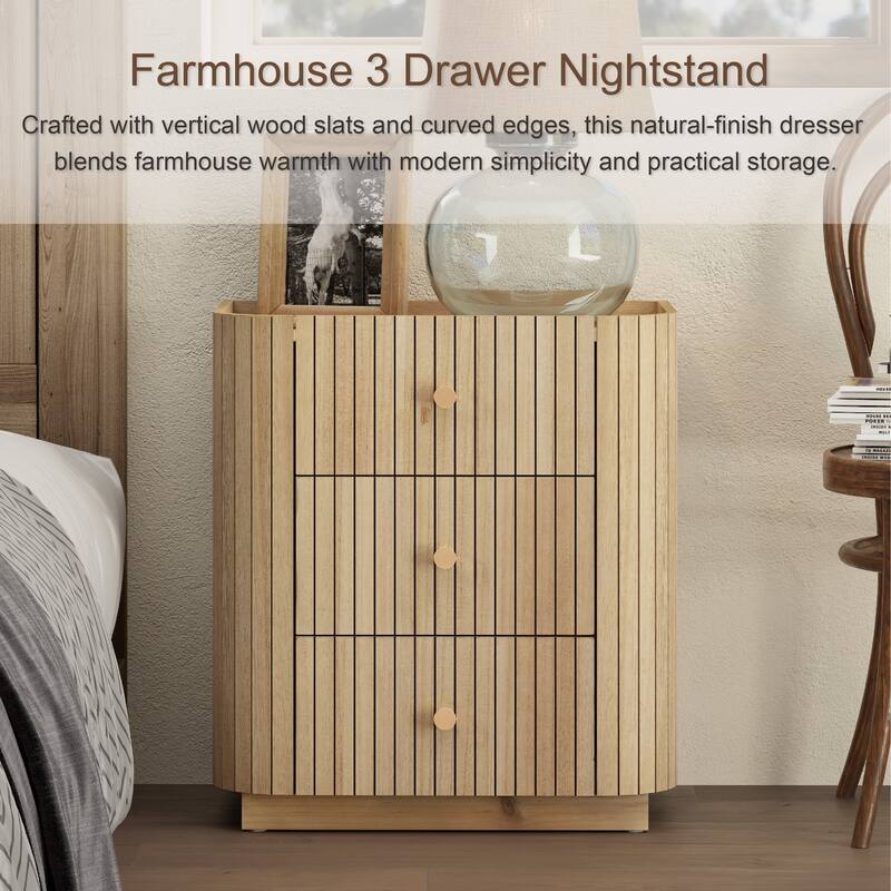 COZAYH Modern Farmhouse 3-Drawer Nightstand with Vertical Wood Slats, Curved Edge, Metal Handles, Tray Top. Fully Assembled