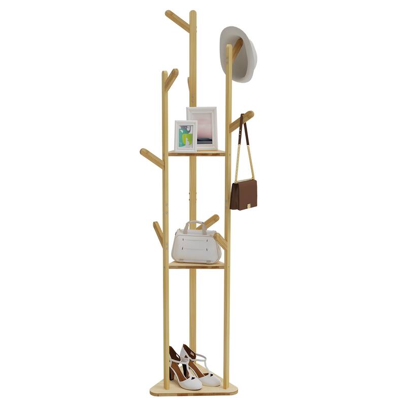 Tree Style Clothes Rack Free Stand with Solid Wood&Hooks Home Bedroom