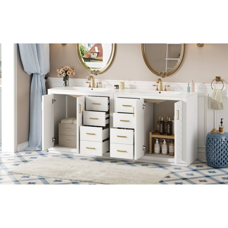 Roomfitters 72 Inch Bathroom Vanity with Ceramic Sink, Solid Wood Frame Cabinet with Sliding Tiers & Soft Close Doors, White