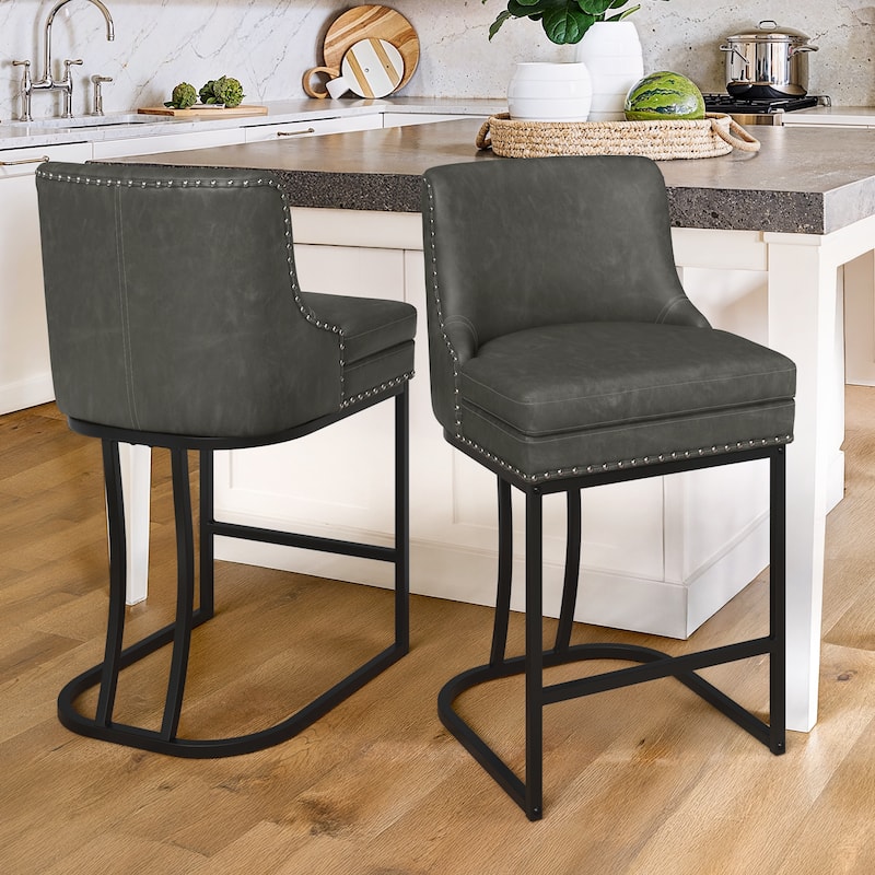 Modern 26" Barstool with Back Metal Frame Stool Counter Height Bar Stools and 6" Thick Cushion for Kitchen Island - Dark Grey/Faux Leather - Set of 2