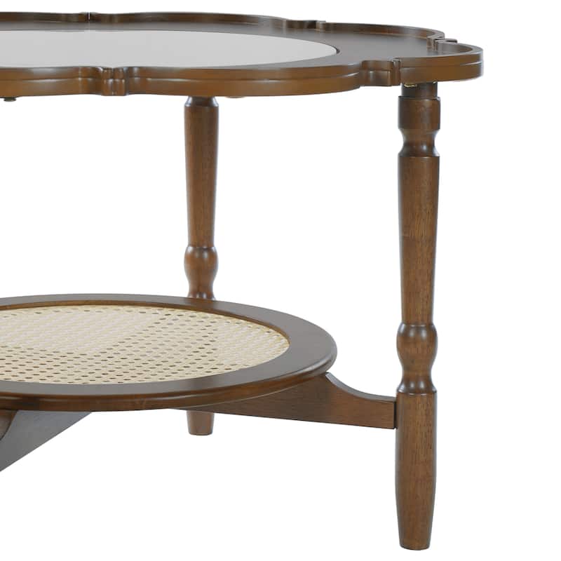 Mid-Century Style Coffee Table with Petal Shape and White Crackle Pattern Glass, 2-Tiered Coffee Table with Rattan,Walnut, 31.5"