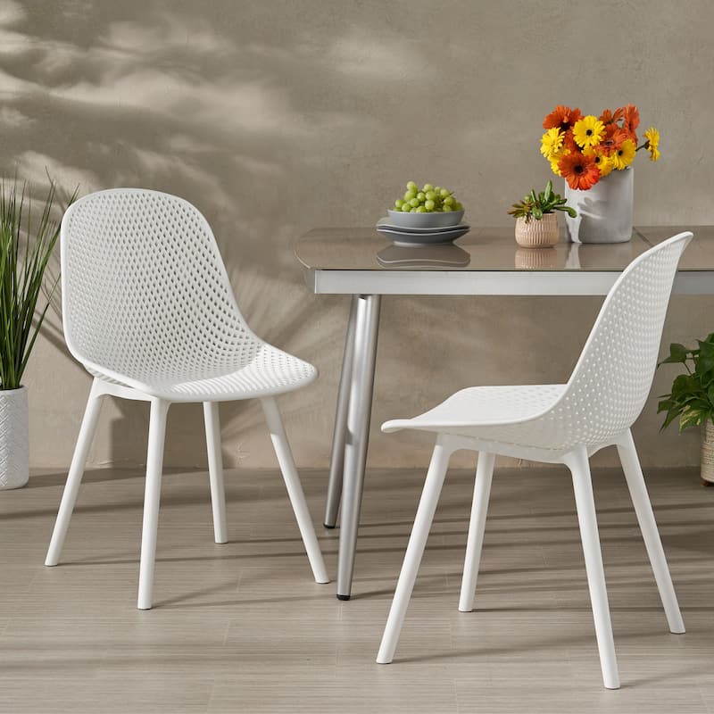 Roomfitters Modern Outdoor Plastic Chairs with Perforated Backrest, Lightweight Patio Seating, Set of 2 - White