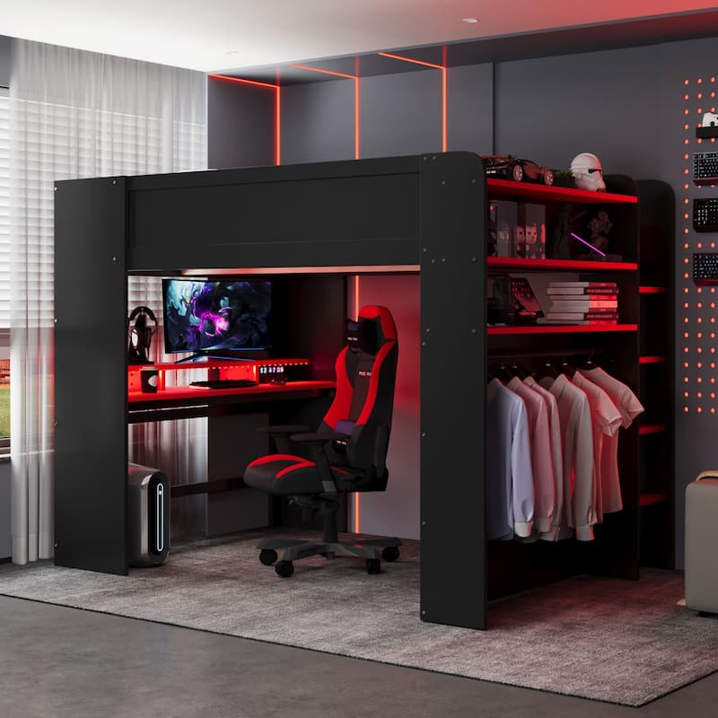 Next-Gen Gamer's Full Size Loft Bed with Adjustable Desk, RGB Lighting, Charging Ports and Storage Space - Red