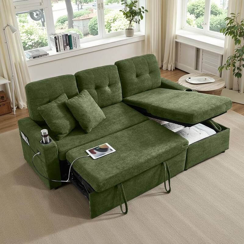 Reversible Sectional Sofa Couch,Sleeper Sofa Bed with Storage Chaise Pull Out Couch for Living Room,USB Charge,Cup Holder - Green