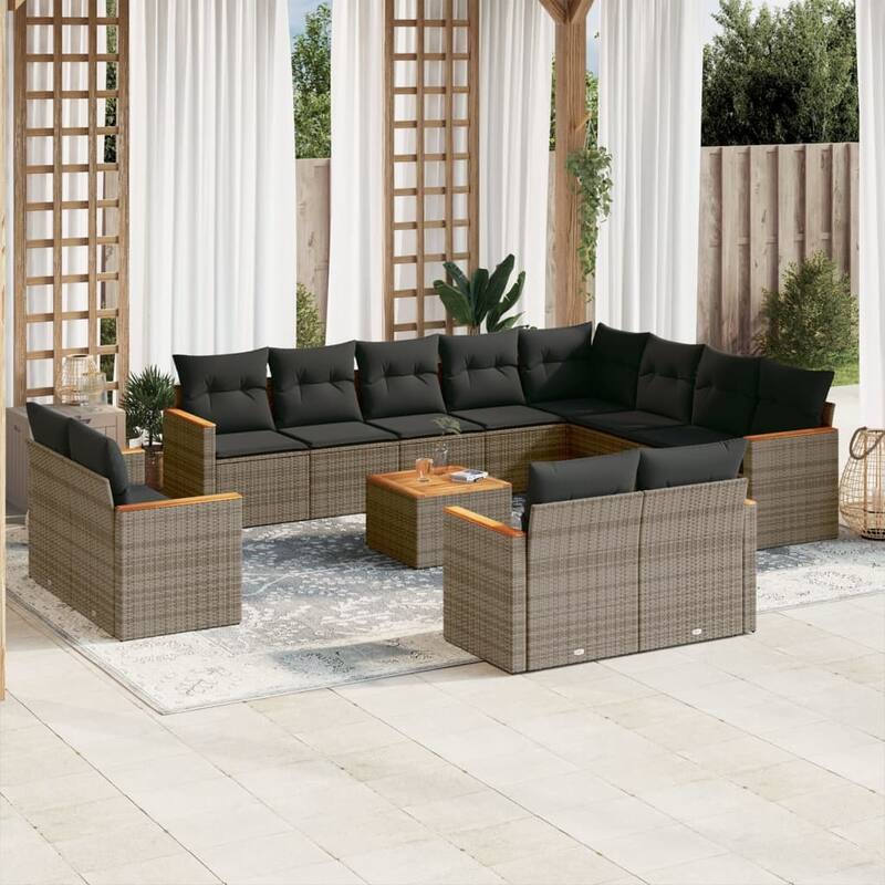 vidaXL Patio Sofa Set with Cushions Outdoor Conversation Furniture Poly Rattan - 24.4 x 24.4 x 27.2 in - Gray with table