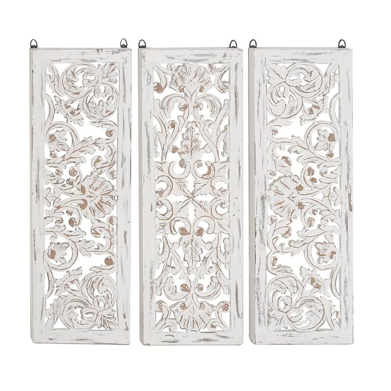 Wooden Floral Handmade Intricately Carved Wall Decor - Set of 3 White - Roche River Decor