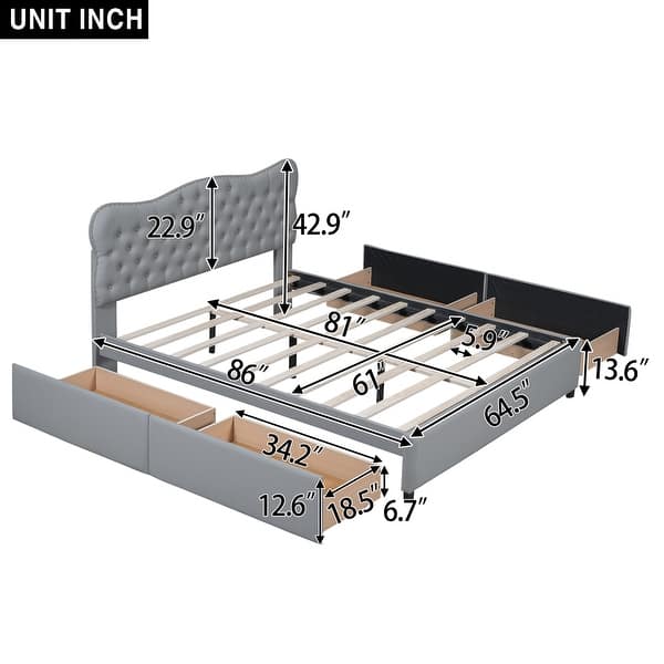 dimension image slide 1 of 2, Queen Size PU Leather Upholstered Platform Bed with 4 Drawers