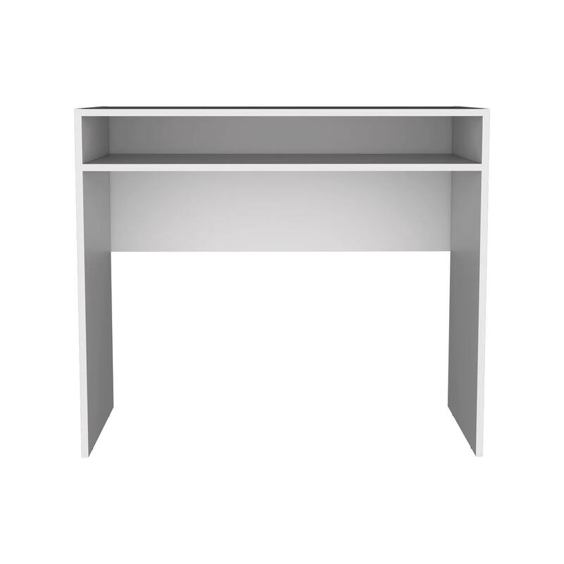 35" White Desk with Storage, Minimalist Workspace for Computers and Accessories, Durable Melamine Design