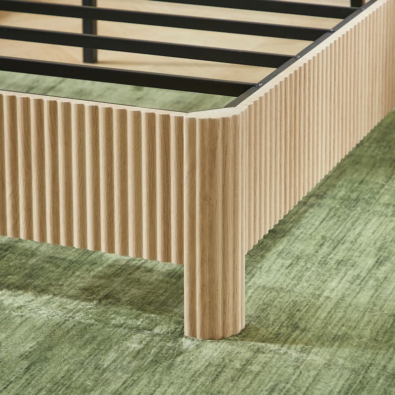 Farmhouse Style Platform Bed Frame, Wooden Corrugated Lines Bed Frame with Headboard, Rounded Safety Corners, Noise-Free Design