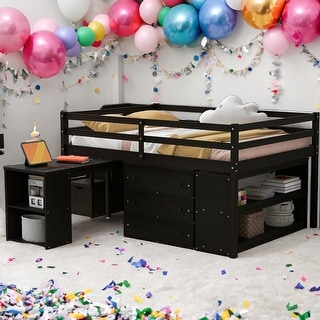 Full Size Loft Bed With Desk,3 Drawers,Storage Stairs and Shelves