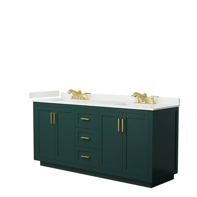 Miranda 72-inch Double Vanity, Quartz Top - Green, Gold Trim, White Quartz Top