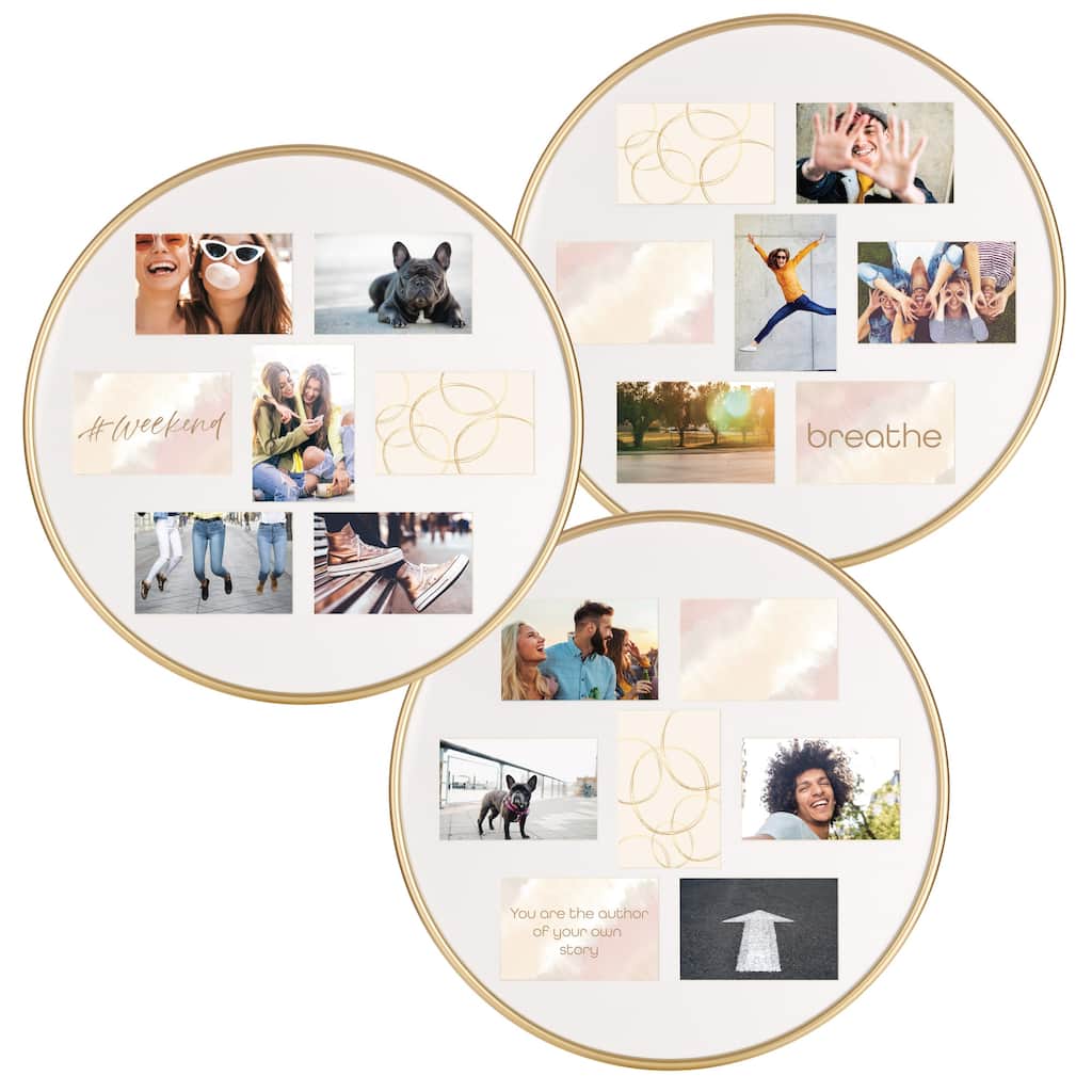 Gold Modern Round Collage Picture Frame Set, 7 Opening, Set of Three