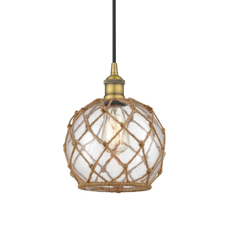 Innovations Lighting 616-1P-11-8 Farmhouse Pendant Farmhouse 8" Wide - Brushed Brass / Clear Glass / Brown Rope